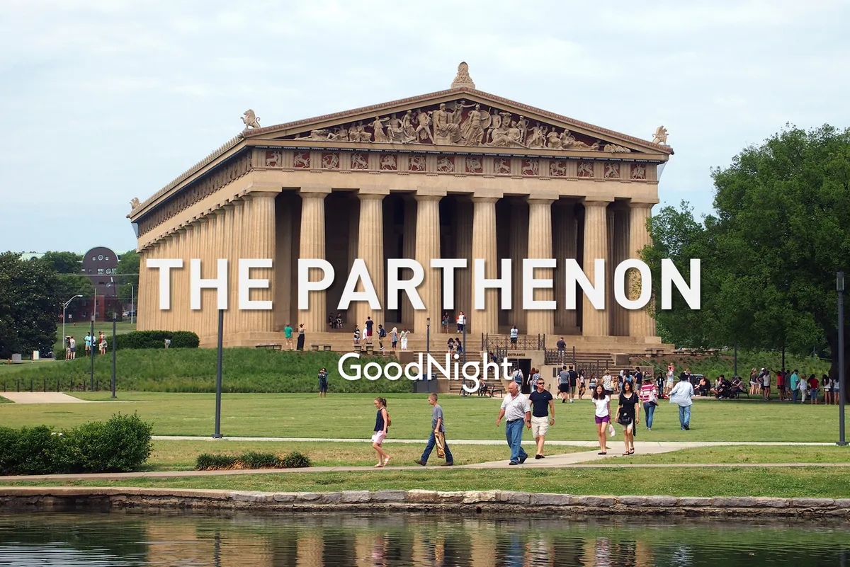 This image captures the Parthenon in Centennial Park, with people walking and enjoying the lush green grounds under a sunny sky. The lively scene is full of movement and community, evoking the spirit of local exploration and outdoor enjoyment at one of Nashville’s most notable attractions.